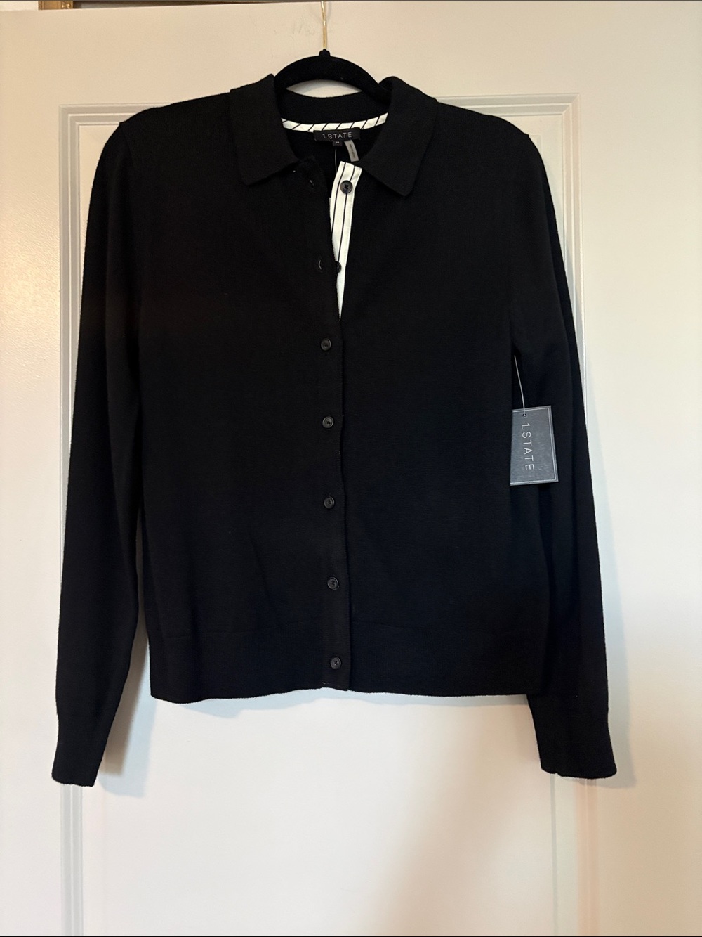 1. State Black Cardigan Jacket with White Trim